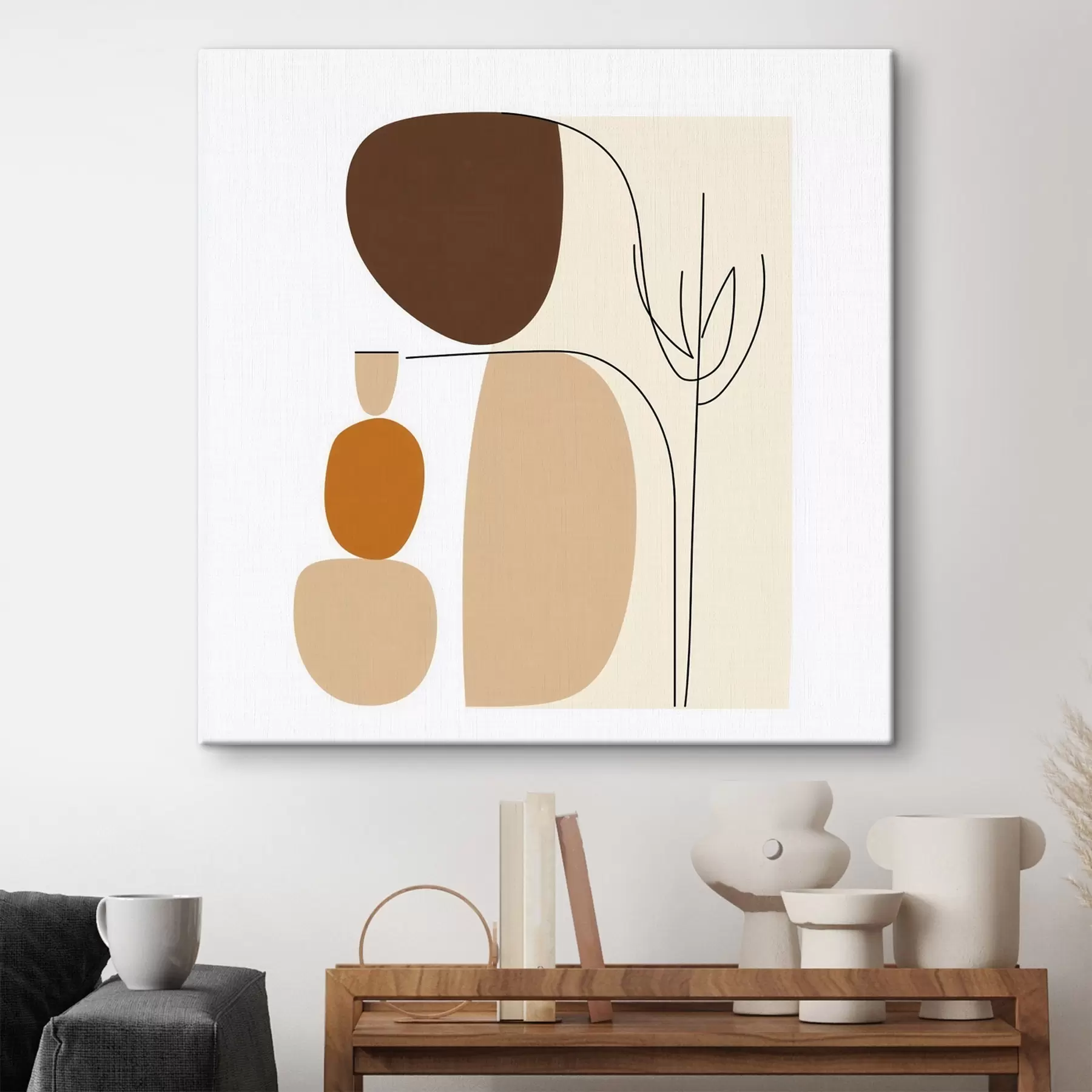  Schilderijen Abstracte compositie met dunne stengels en eenvoudige vormen in minimalistische stijl s48871