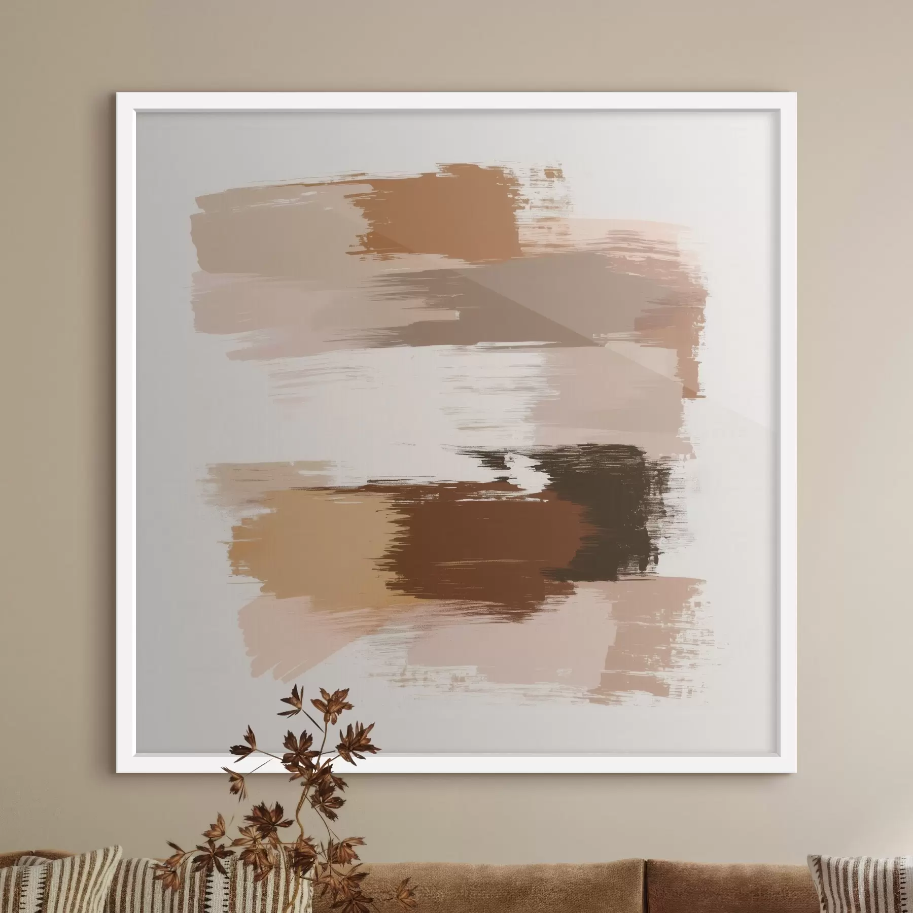 Fotobehang Minimalistisch tafereel met horizontale penseelstreken in koffie- en terracottatinten f48858