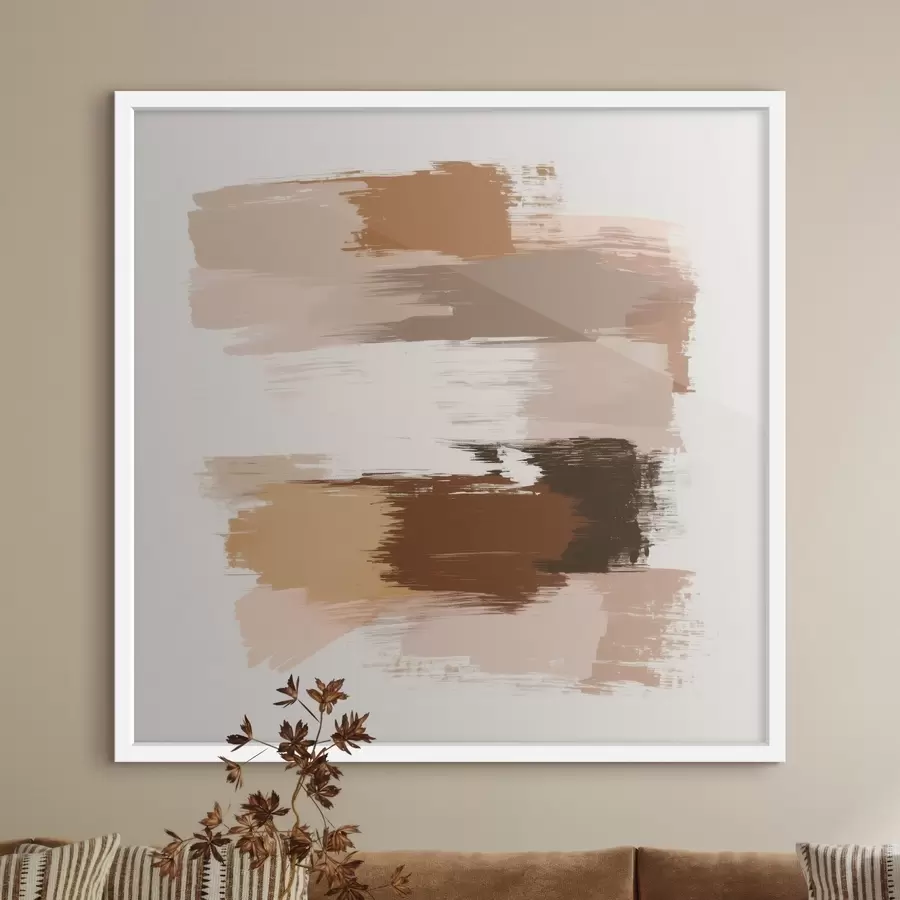 Fotobehang Minimalistisch tafereel met horizontale penseelstreken in koffie- en terracottatinten f48858