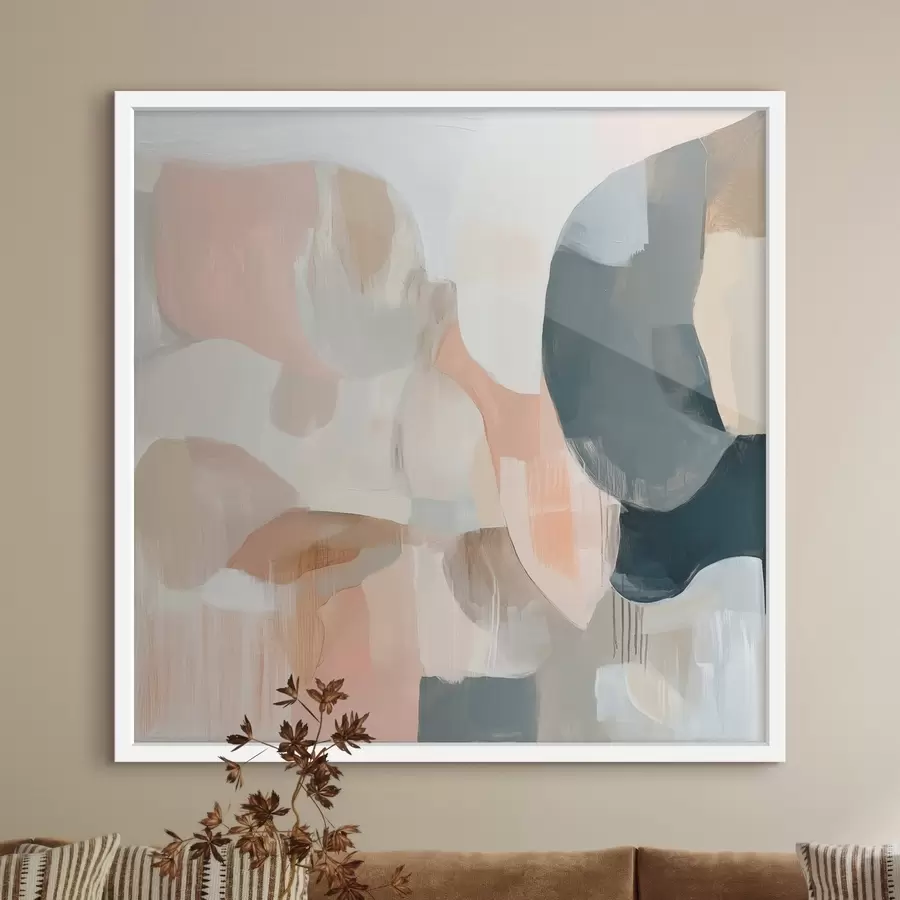 Fotobehang Een abstracte compositie in pastel- en donkerblauwe tinten, uitgevoerd in een eigentijdse schilderstijl f48860