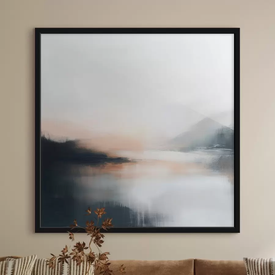 Fotobehang Abstract, mistig landschap in een warm beige-koraalkleurig palet f48861