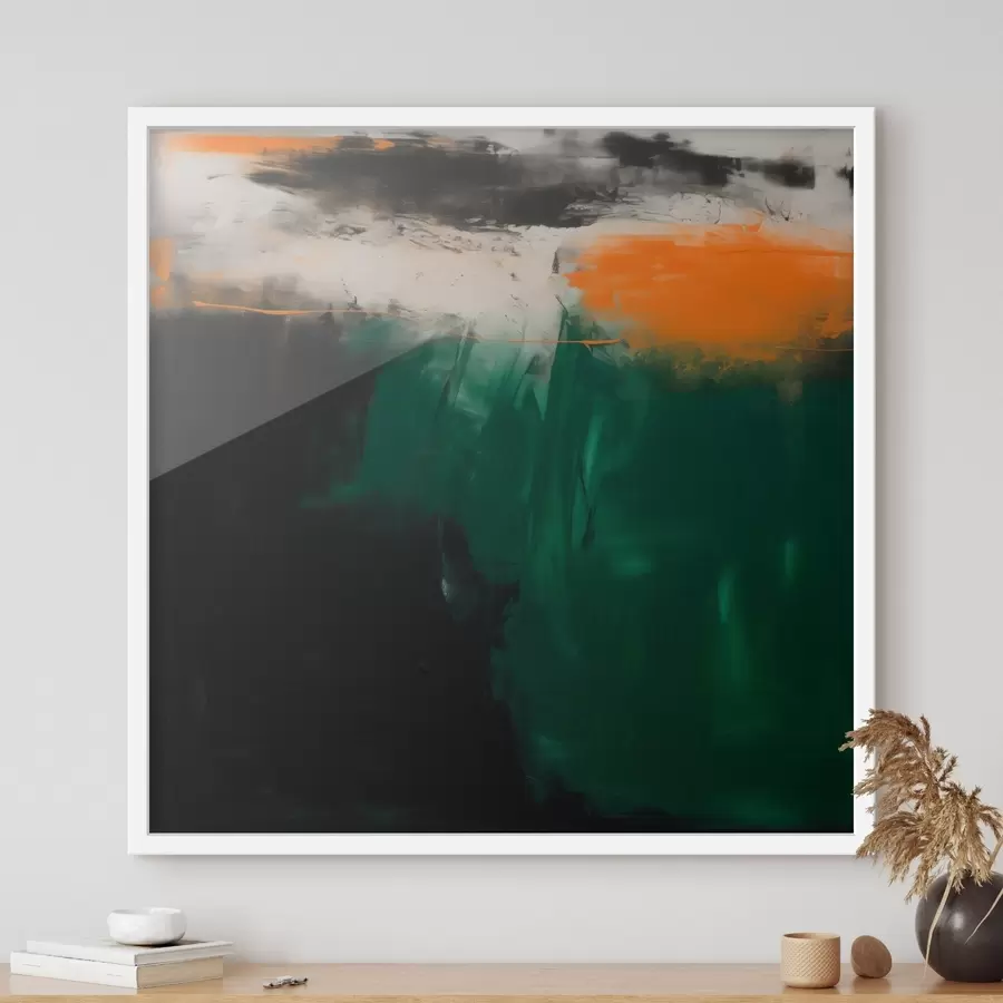 Fotobehang Een abstract schilderij met oranje accenten en diepgroene penseelstreken in een eigentijdse stijl f48865