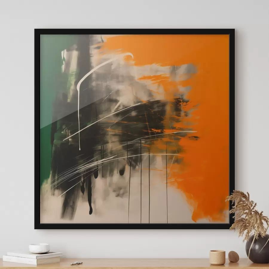 Fotobehang Abstracte schilderkunst met oranje en groene penseelstreken in een eigentijdse stijl f48866