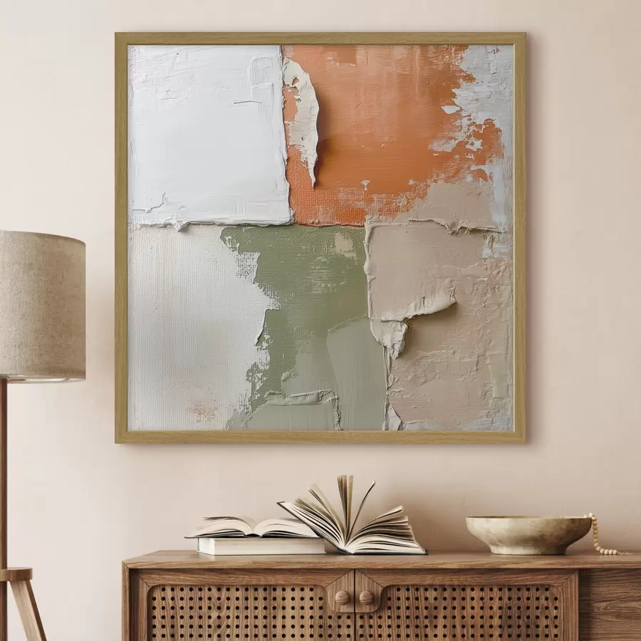 Fotobehang Een combinatie van oranje- en olijfgroene tinten in een eigentijdse schilderstijl f48867