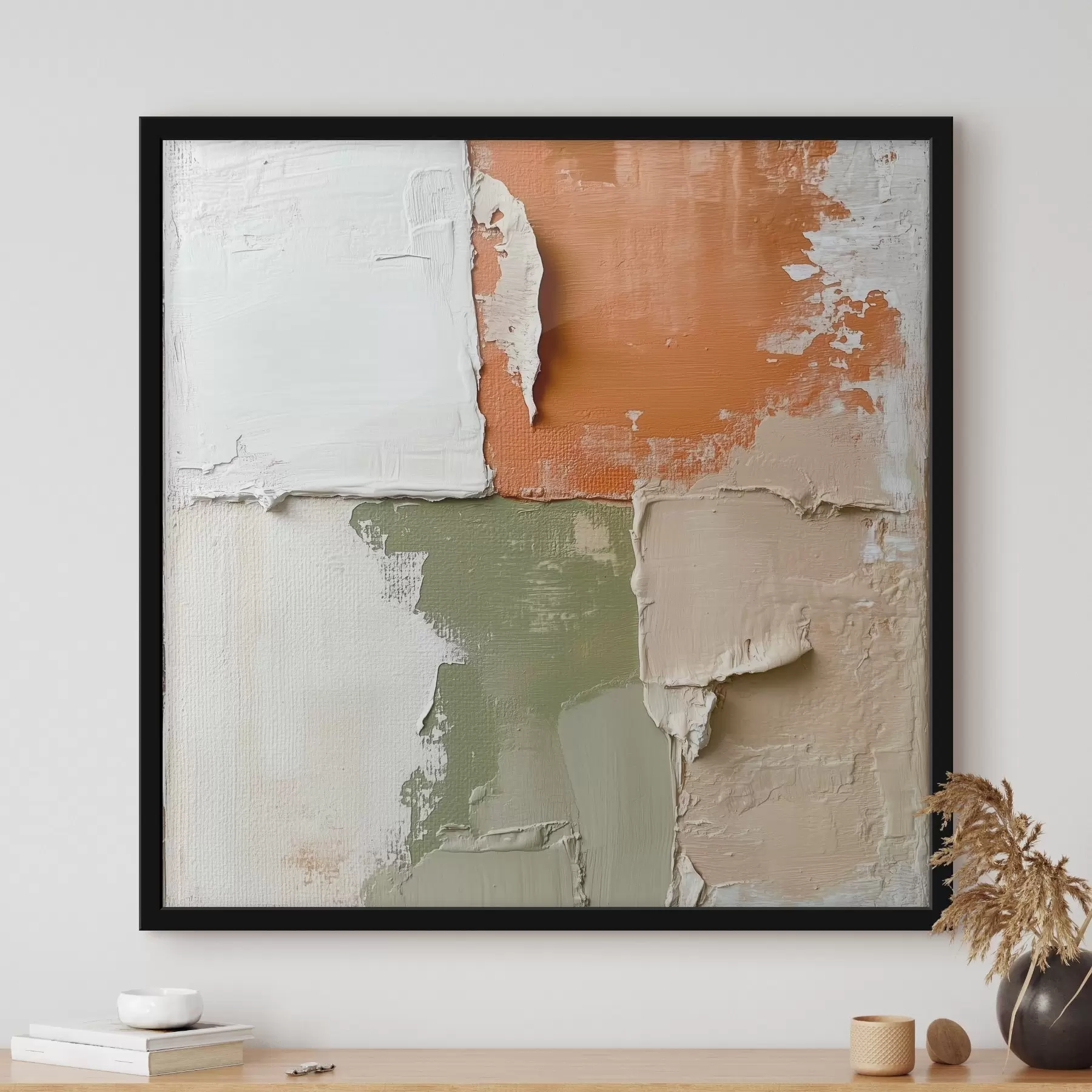 Fotobehang Een combinatie van oranje- en olijfgroene tinten in een eigentijdse schilderstijl f48867