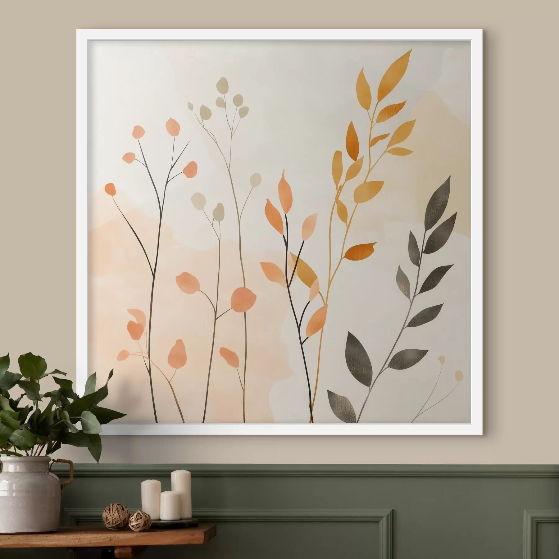 Fotobehang Pastelcompositie met fijn bladwerk in een eigentijdse schilderstijl f48873