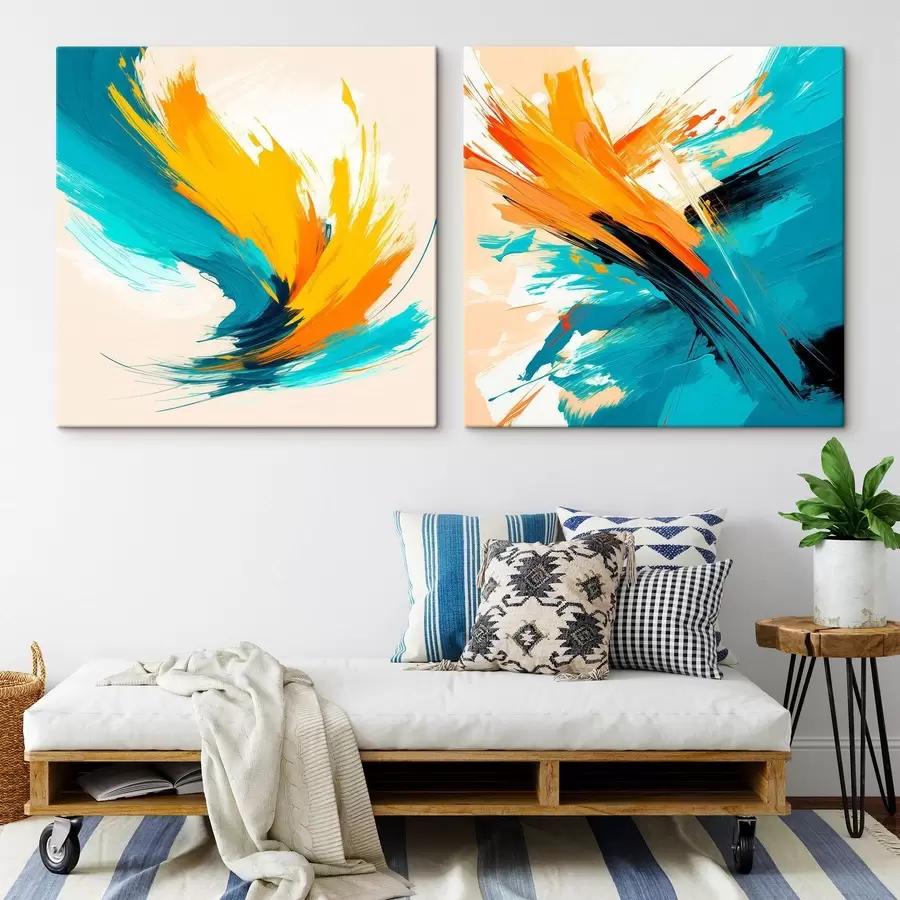  Schilderijen Dynamische penseelstreken in een turquoise-oranje kleurenpalet in een hedendaagse kunststijl m30354