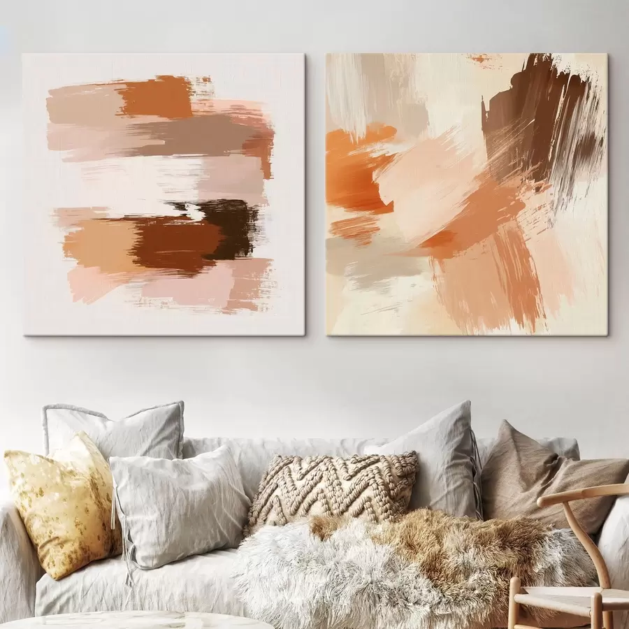  Schilderijen Decoratieve kunst in warme bruin-beige tinten met een schilderachtig penseelstreekeffect m30355