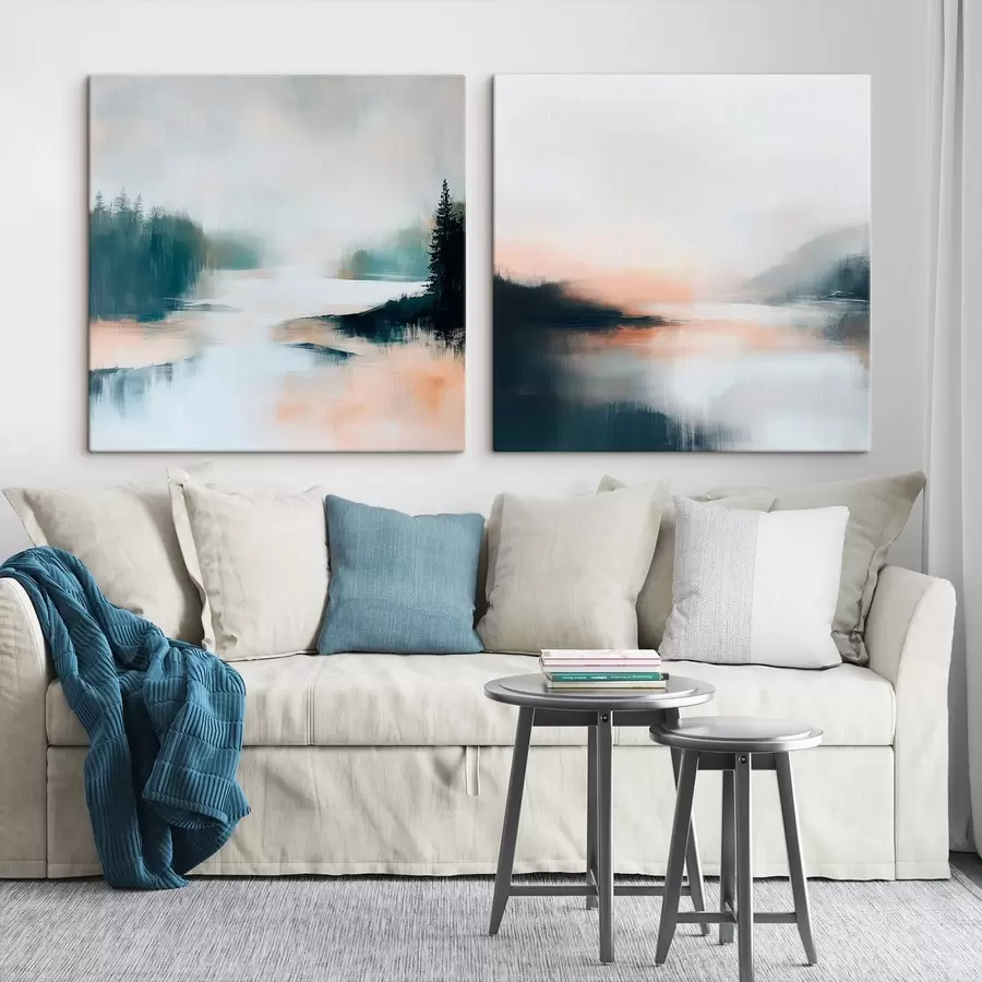  Schilderijen Een mistig landschap met naaldbomen en een meer, geschilderd in een eigentijdse stijl m30357