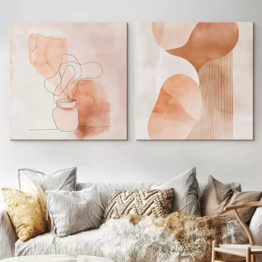  Schilderijen Abstracte vormen in een beige-perzikkleurig palet met lineaire accenten in een minimalistische stijl m30361