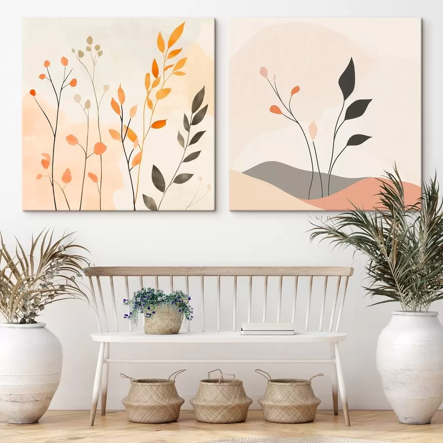  Schilderijen Bloemendiptiek in warme beige-koraaltinten met grafische lijnen in minimalistische stijl m30363