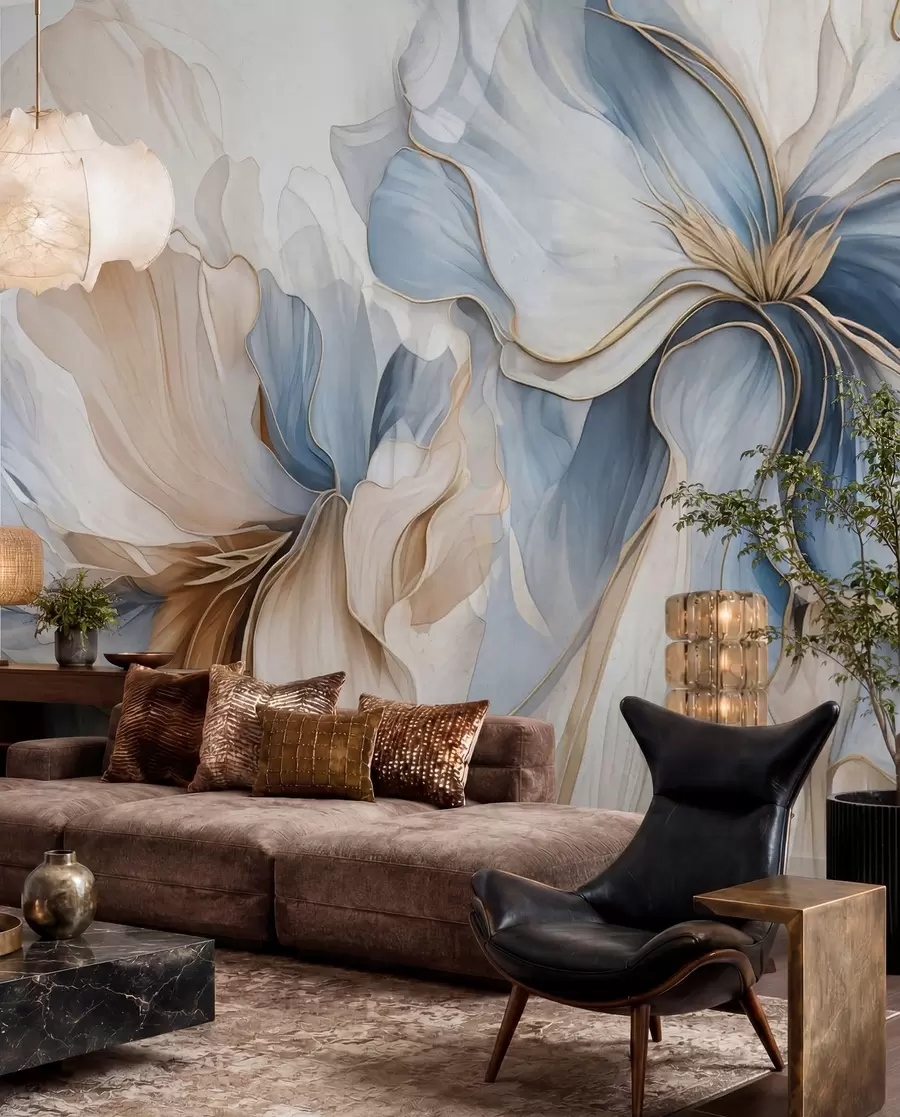 Fotobehang Bloembladen in blauw en ivoor w05578