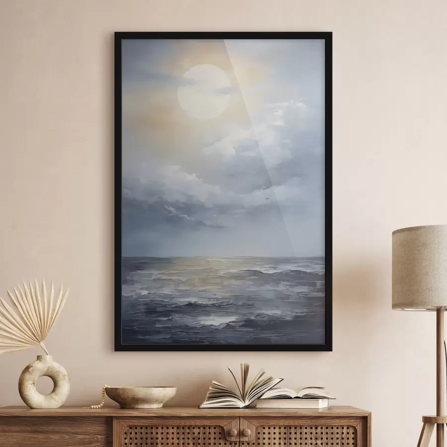 Fotobehang De maan in de wolken boven de zee f49050