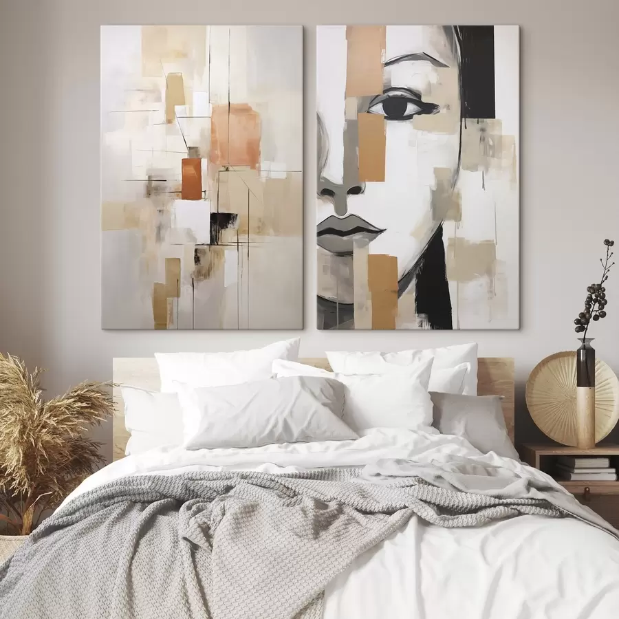 Fotobehang Imitatie van een vrouwelijk portret en een abstract schilderij m30440