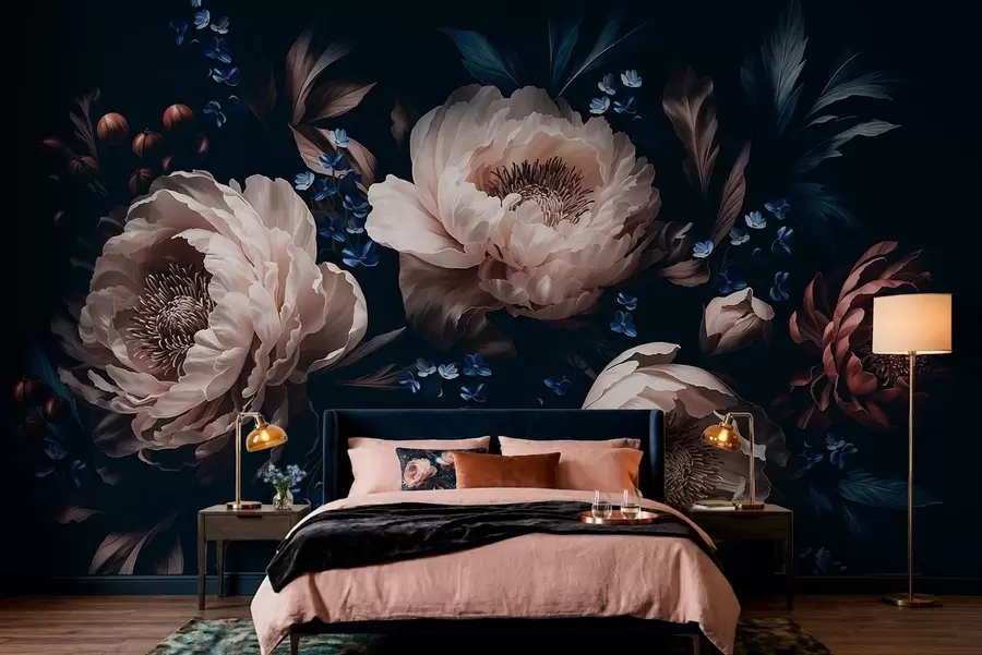 Fotobehang Donkere bloemstuk met grote bloemen en bladeren w05533