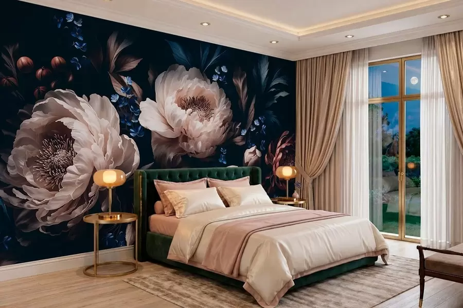 Fotobehang Donkere bloemstuk met grote bloemen en bladeren w05533