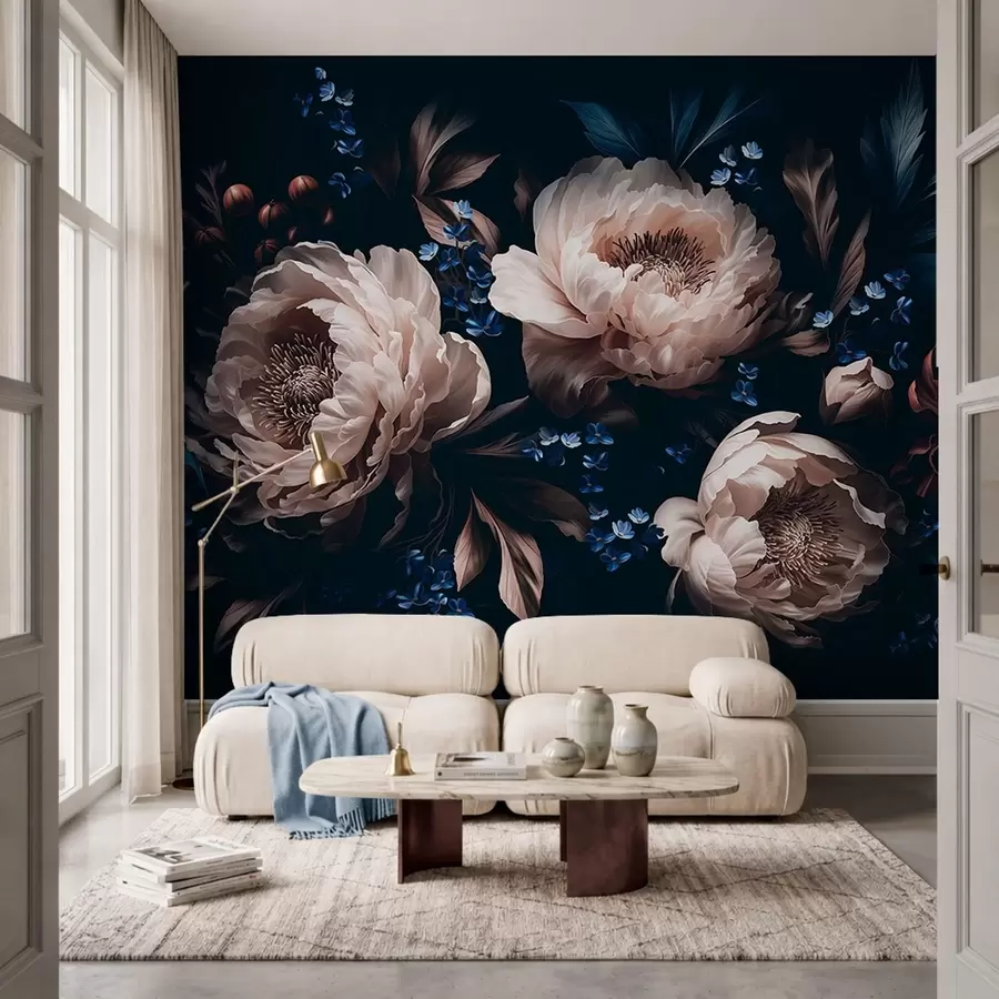 Fotobehang Donkere bloemstuk met grote bloemen en bladeren w05533