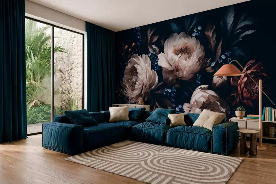 Fotobehang Donkere bloemstuk met grote bloemen en bladeren w05533