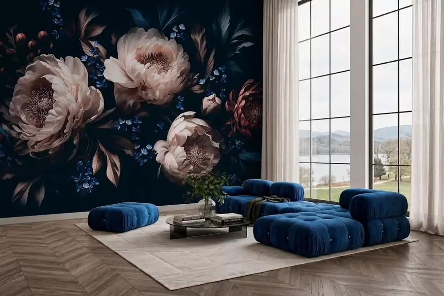 Fotobehang Donkere bloemstuk met grote bloemen en bladeren w05533