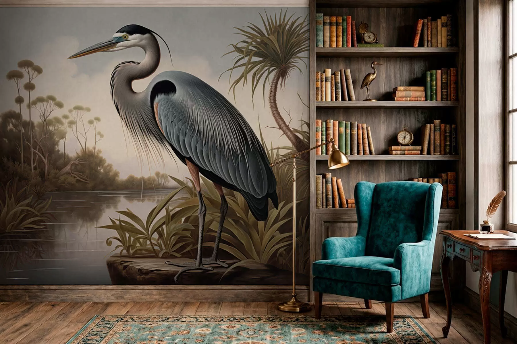 Fotobehang Een reiger bij het water tussen de planten aan de oever w05572