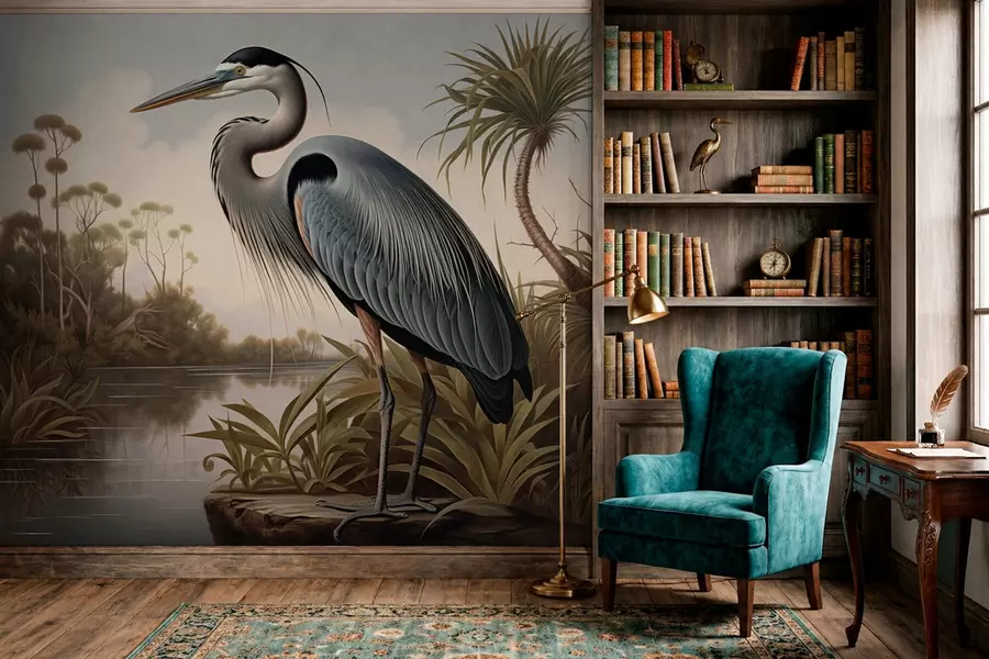 Fotobehang Een reiger bij het water tussen de planten aan de oever w05572
