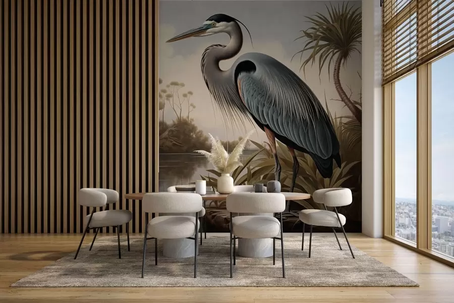 Fotobehang Een reiger bij het water tussen de planten aan de oever w05572