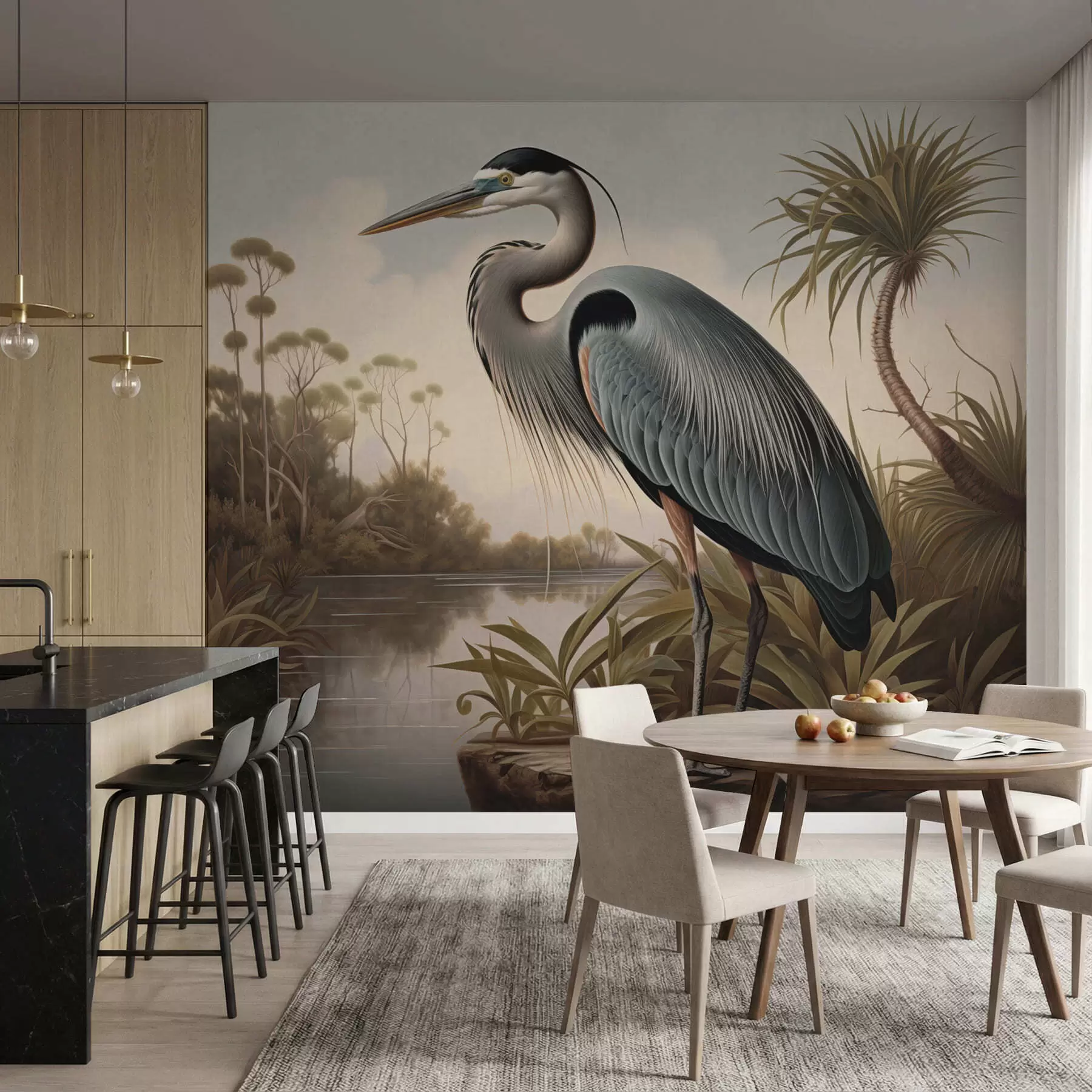 Fotobehang Een reiger bij het water tussen de planten aan de oever w05572