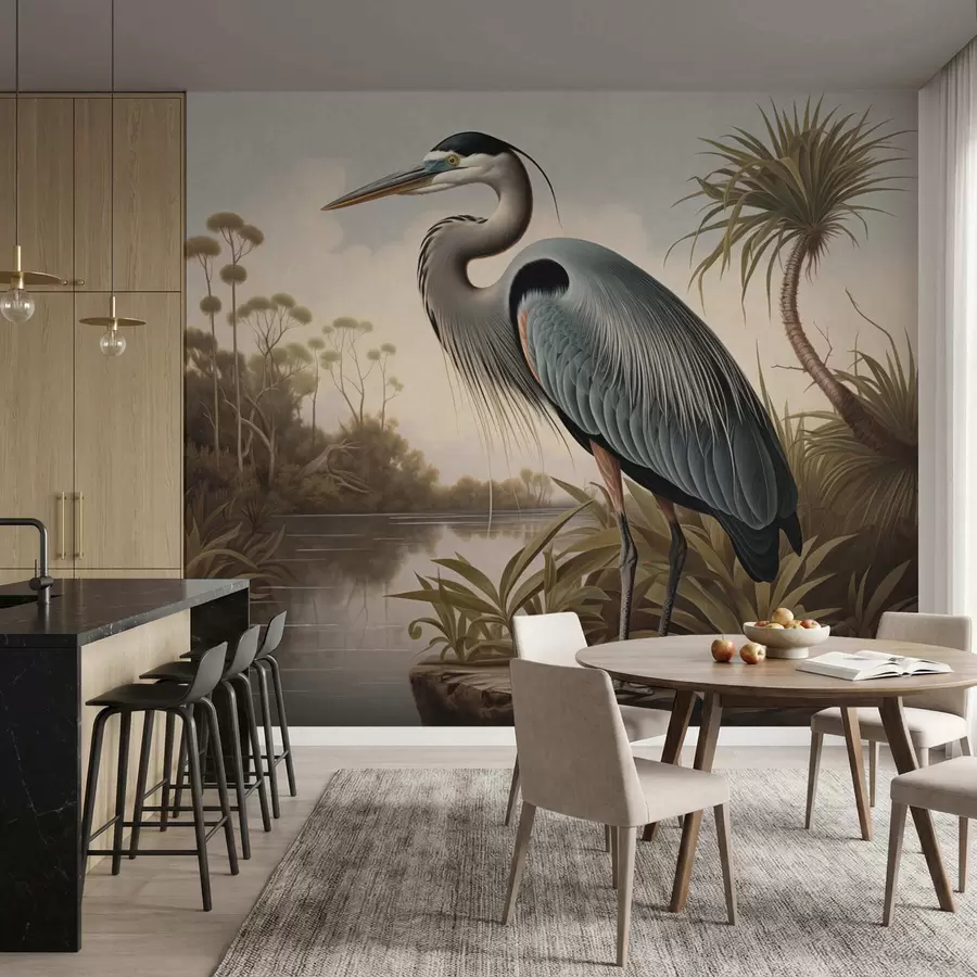 Fotobehang Een reiger bij het water tussen de planten aan de oever w05572