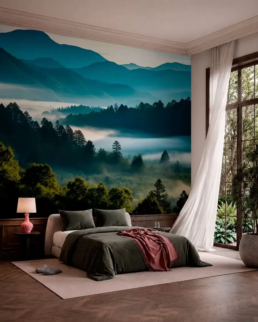 Fotobehang Berglandschap met mist en bossen bij zonsopgang w05573