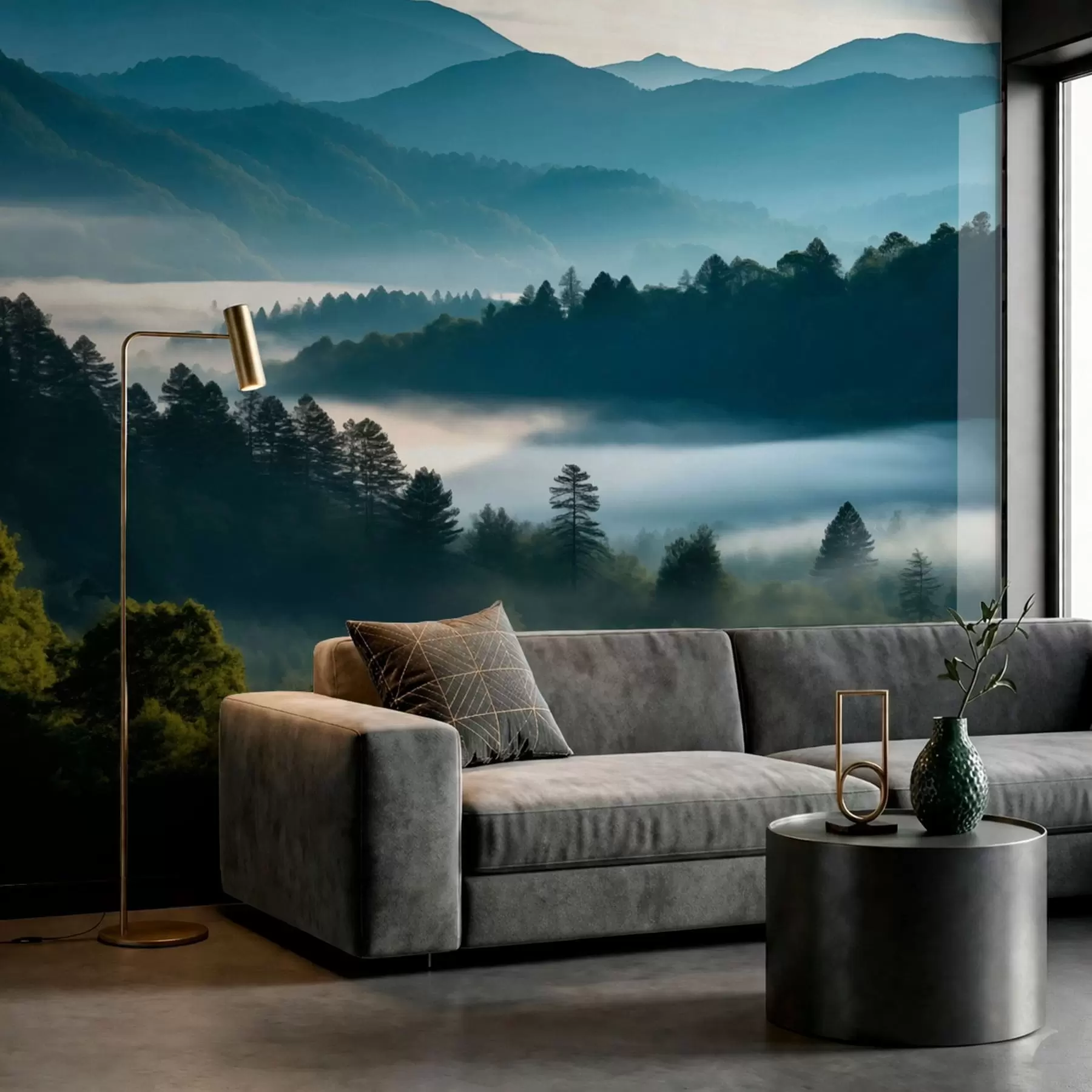 Fotobehang Berglandschap met mist en bossen bij zonsopgang w05573