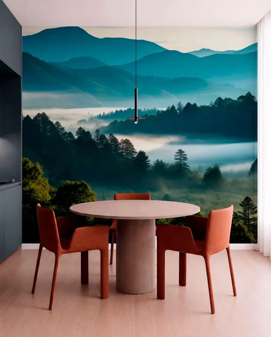 Fotobehang Berglandschap met mist en bossen bij zonsopgang w05573