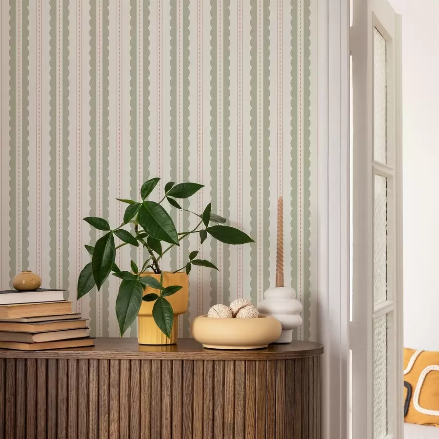 Fotobehang Lichtgroene golvende strepen met oranje stippen a01185v3