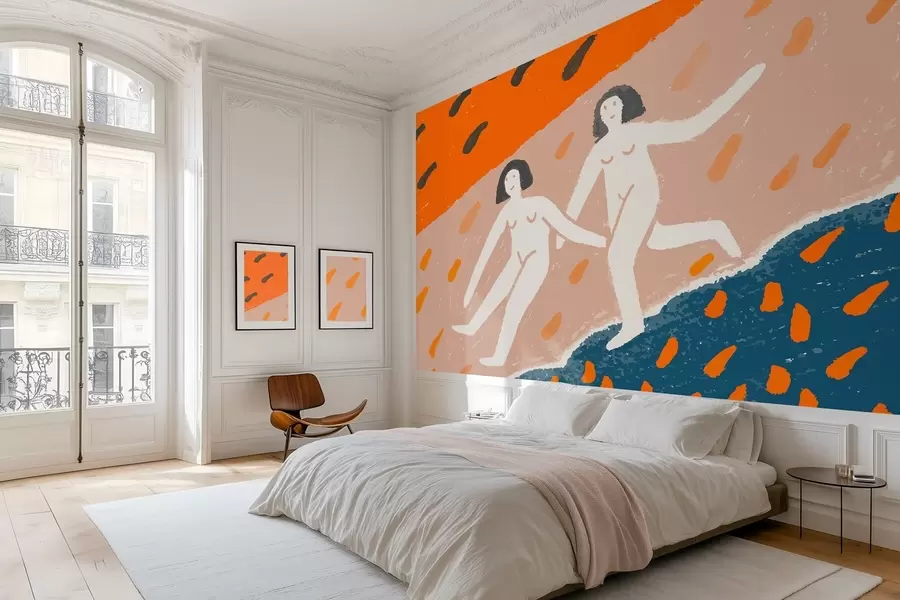 Fotobehang hedendaagse kunst: twee vrouwen die langs de kust rennen w05564