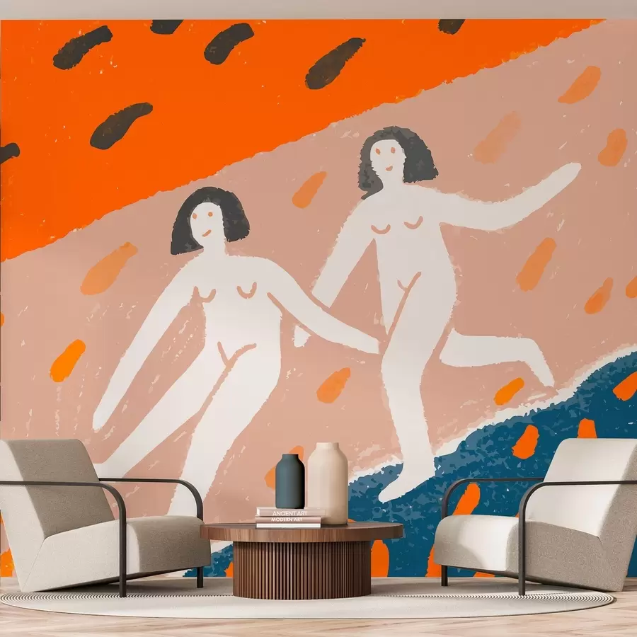 Fotobehang hedendaagse kunst: twee vrouwen die langs de kust rennen w05564