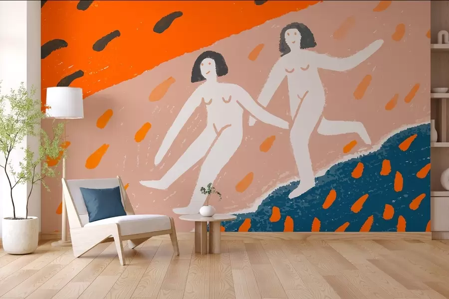 Fotobehang hedendaagse kunst: twee vrouwen die langs de kust rennen w05564
