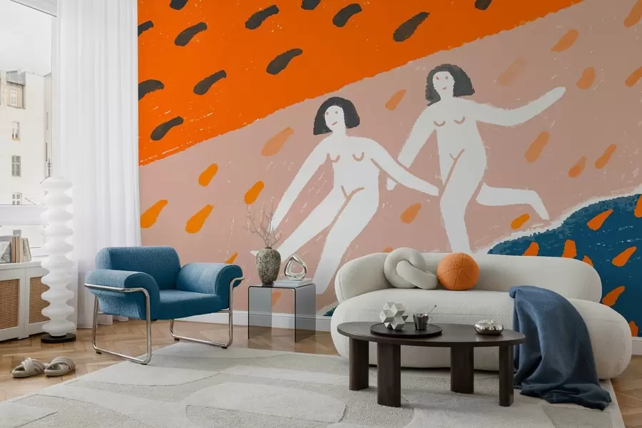 Fotobehang hedendaagse kunst: twee vrouwen die langs de kust rennen w05564