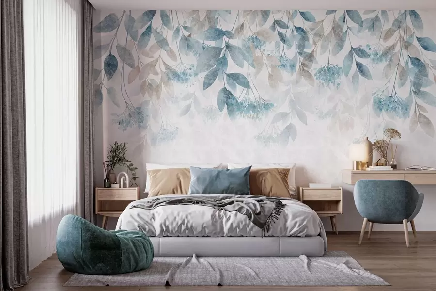 Fotobehang bladeren met een structuur die in golven hangen, met bloemen in tinten turkoois en beige w05565
