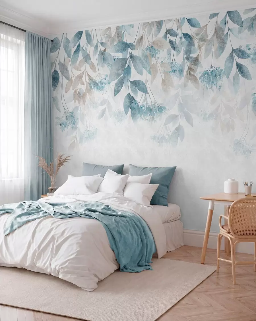 Fotobehang bladeren met een structuur die in golven hangen, met bloemen in tinten turkoois en beige w05565