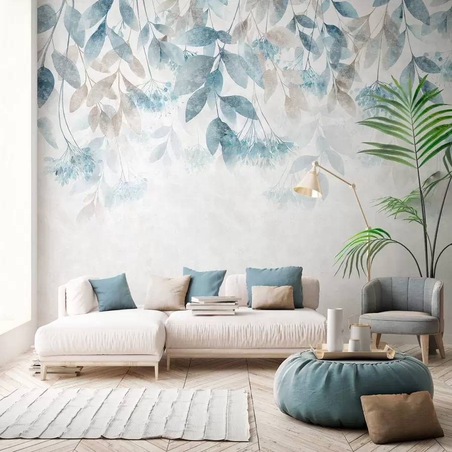 Fotobehang bladeren met een structuur die in golven hangen, met bloemen in tinten turkoois en beige w05565