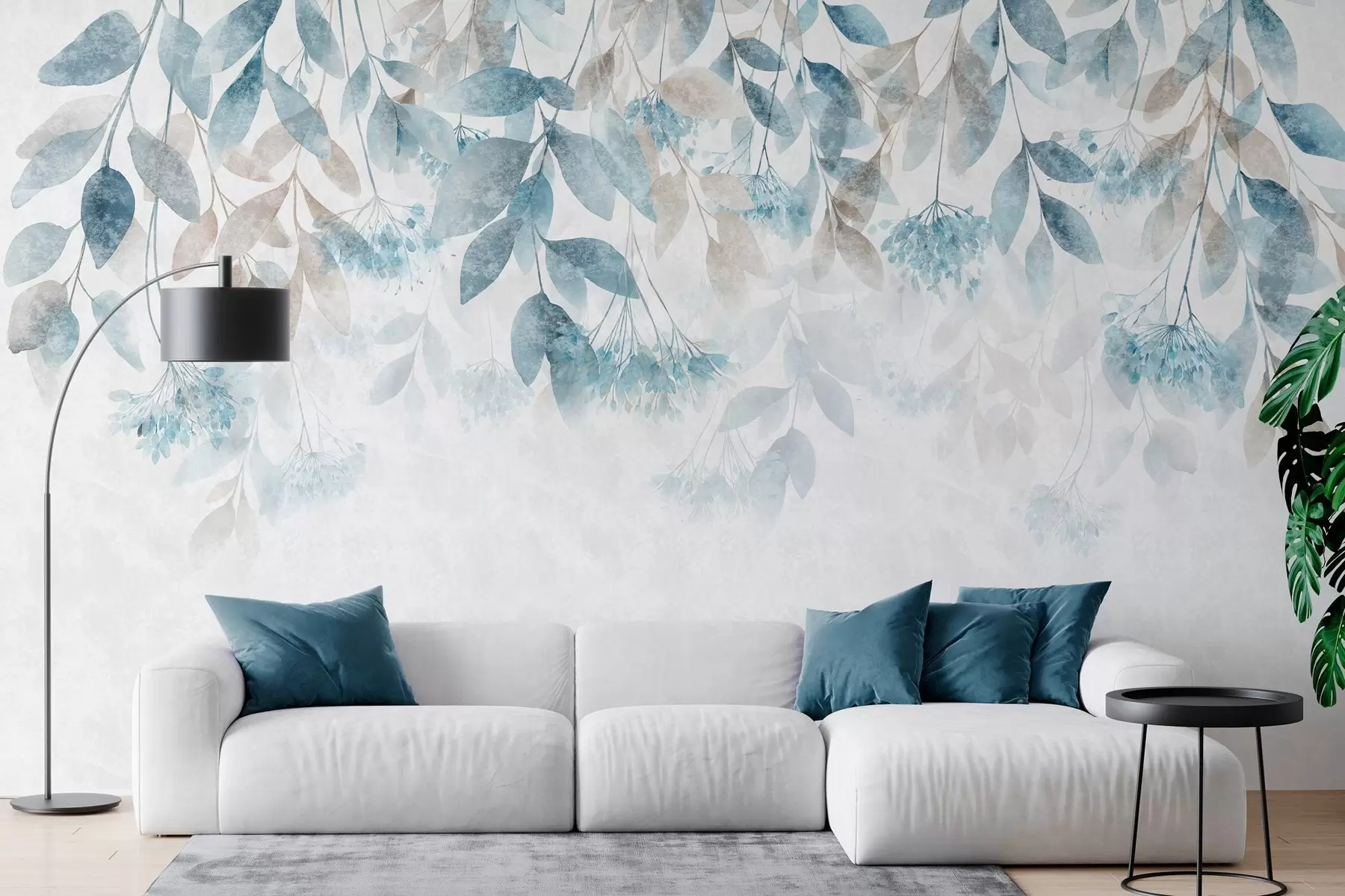 Fotobehang bladeren met een structuur die in golven hangen, met bloemen in tinten turkoois en beige w05565