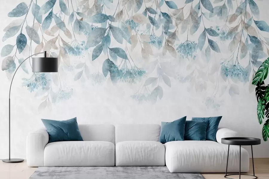 Fotobehang bladeren met een structuur die in golven hangen, met bloemen in tinten turkoois en beige w05565