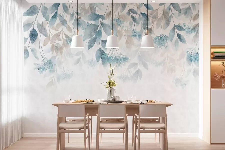 Fotobehang bladeren met een structuur die in golven hangen, met bloemen in tinten turkoois en beige w05565