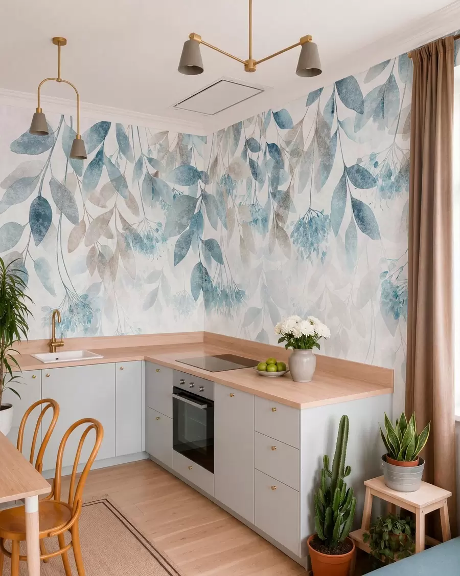 Fotobehang bladeren met een structuur die in golven hangen, met bloemen in tinten turkoois en beige w05565