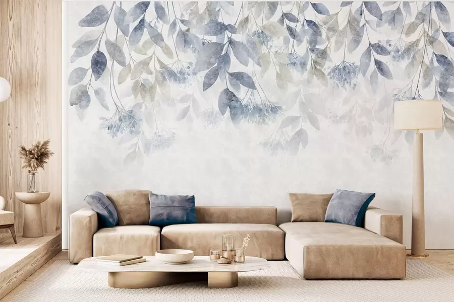 Fotobehang bladeren met structuur die in golven hangen, met bloemen in blauwe en beige tinten w05565v1