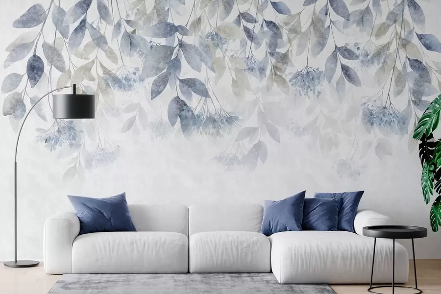 Fotobehang bladeren met structuur die in golven hangen, met bloemen in blauwe en beige tinten w05565v1