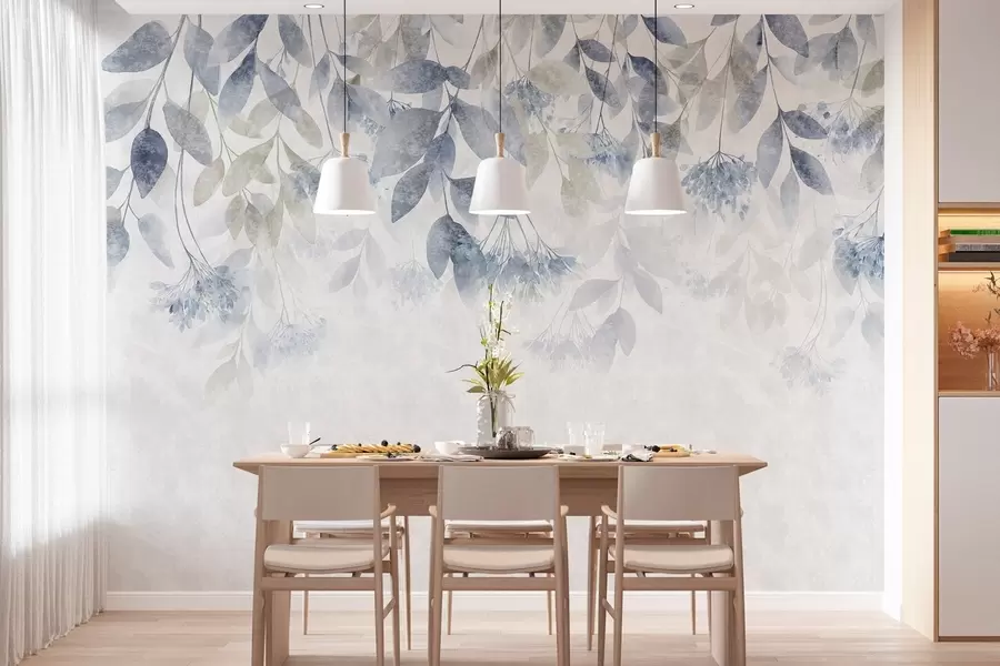 Fotobehang bladeren met structuur die in golven hangen, met bloemen in blauwe en beige tinten w05565v1