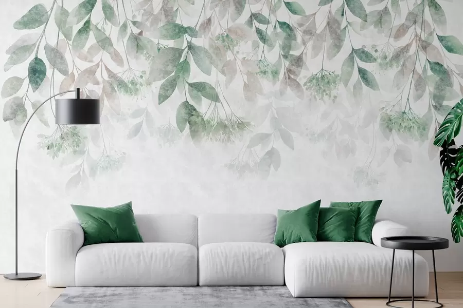 Fotobehang bladeren met een structuur die in golven hangen, met bloemen in groene en beige tinten w05565v2