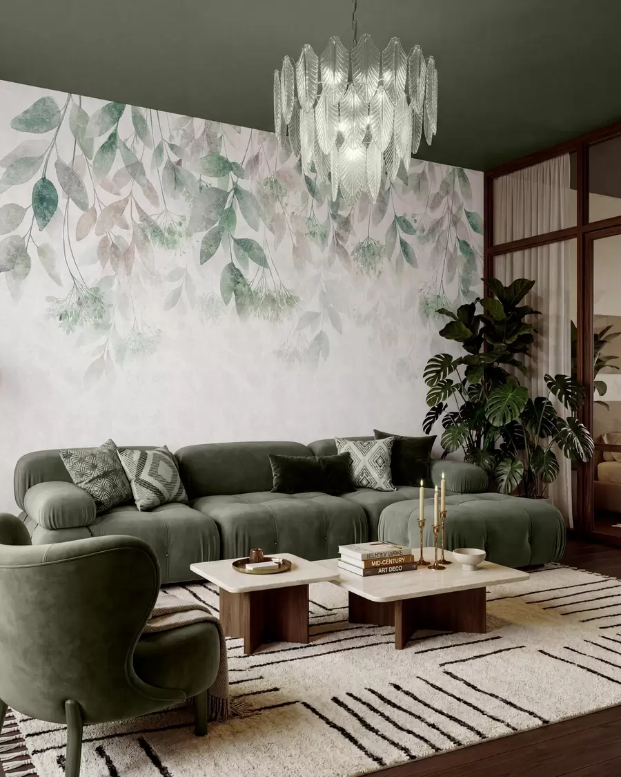 Fotobehang bladeren met een structuur die in golven hangen, met bloemen in groene en beige tinten w05565v2