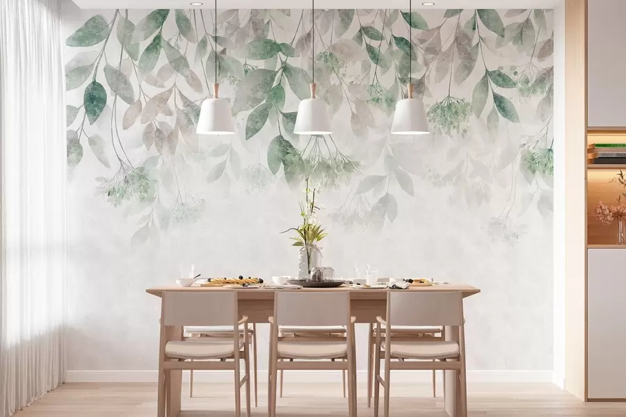 Fotobehang bladeren met een structuur die in golven hangen, met bloemen in groene en beige tinten w05565v2