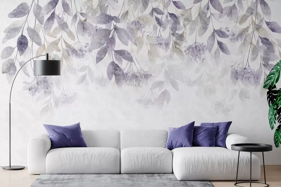 Fotobehang bladeren met een structuur die in golven hangen, met bloemen in paarse en beige tinten w05565v3